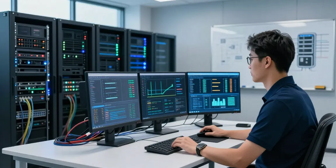 Monitoring servidores dedicados performance metrics in a modern data center with IT specialist.
