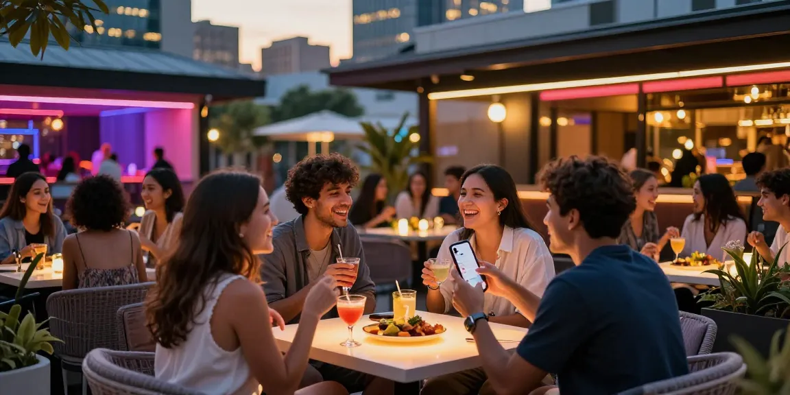 سكس مصري nightlife scene with friends enjoying drinks in a vibrant urban setting.