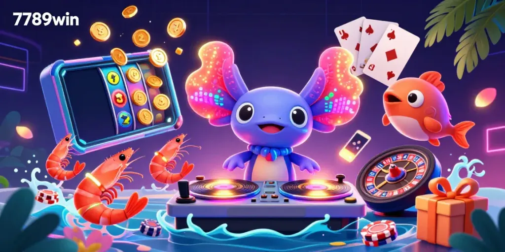 Experience the vibrant excitement of gaming with 7789win featuring a neon axolotl DJ and energetic sea creatures.
