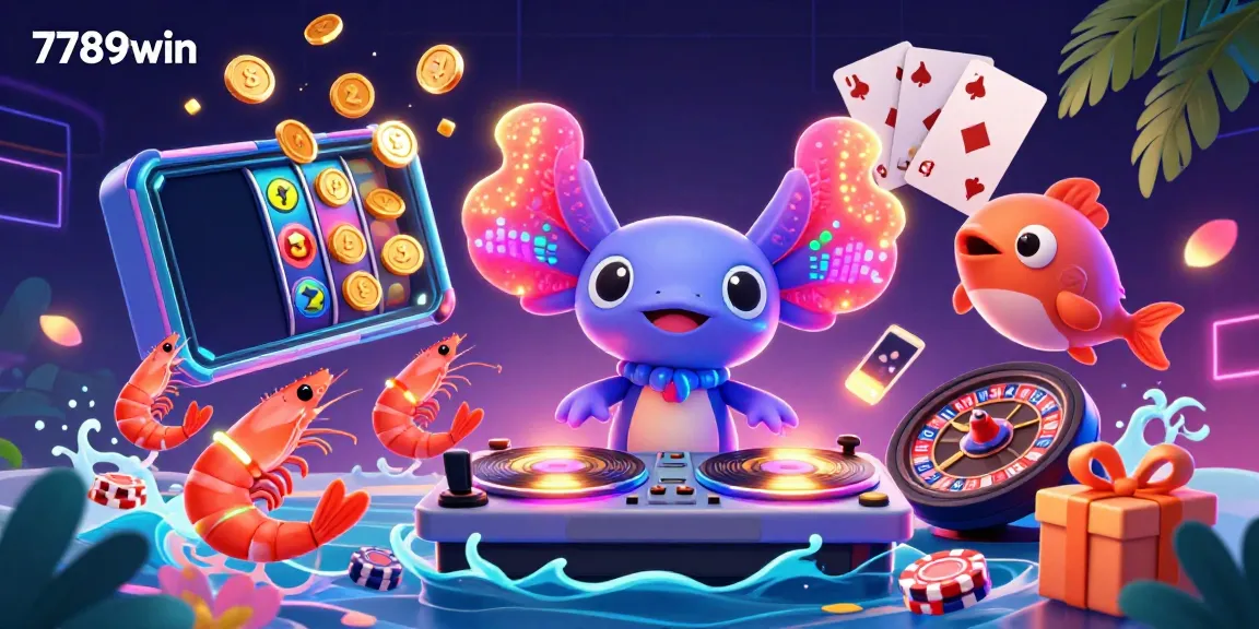 Experience the vibrant excitement of gaming with 7789win featuring a neon axolotl DJ and energetic sea creatures.