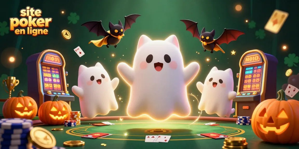 Gagnez sur le site poker en ligne avec une scène vibrante d'un chat fantôme et d'une chauve-souris.