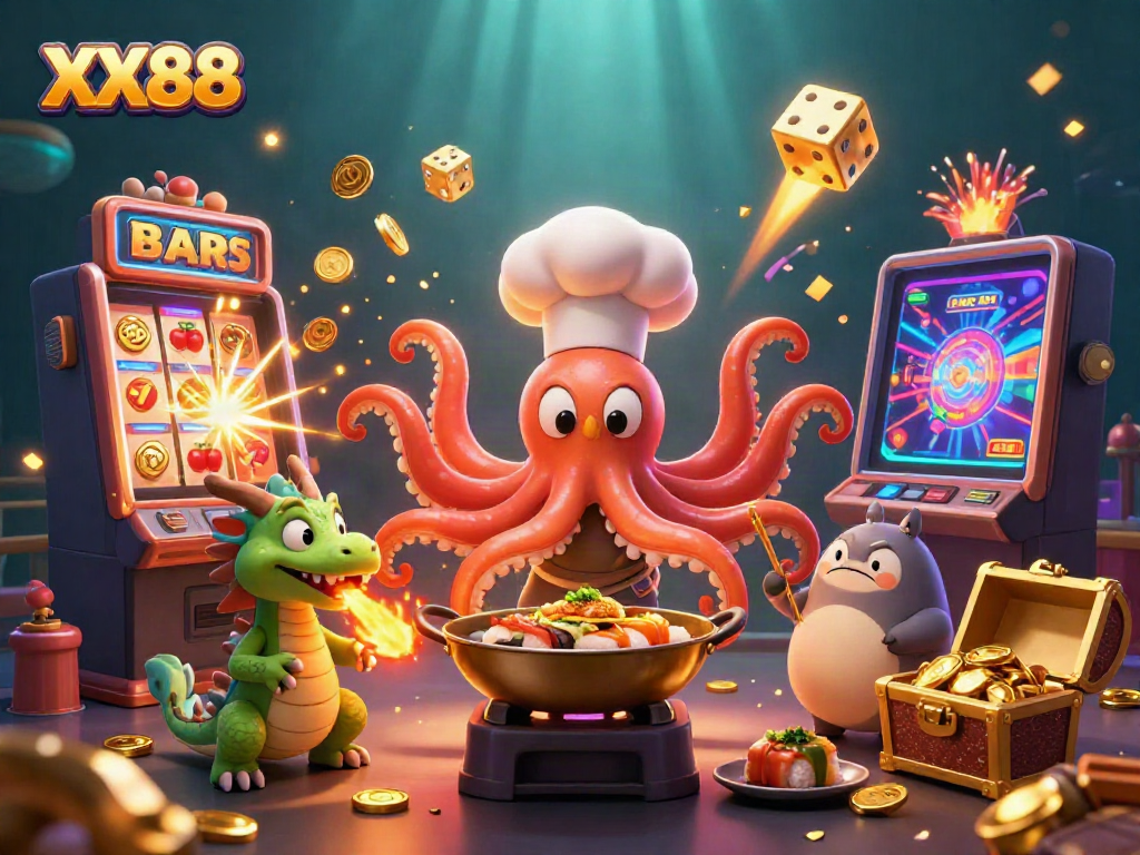 Experience winning moments at XX88 with octopus chef, dragon, and tanuki amidst gold and jackpot excitement.