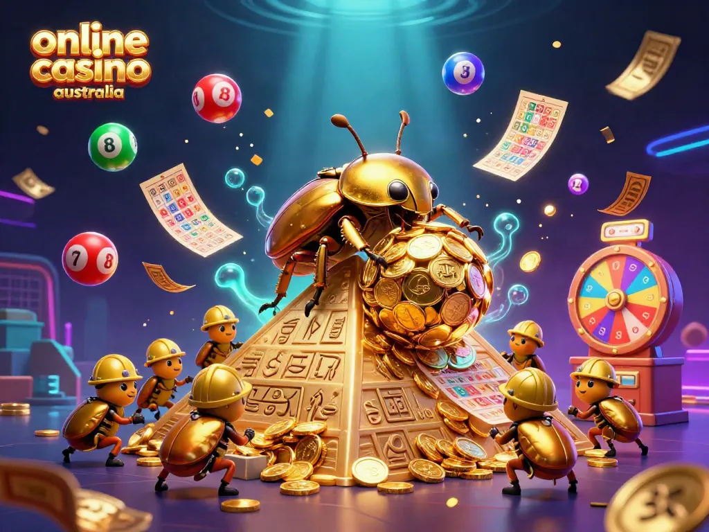 Engaging depiction of online casino australia with vibrant beetles, gold coins, and lottery elements.