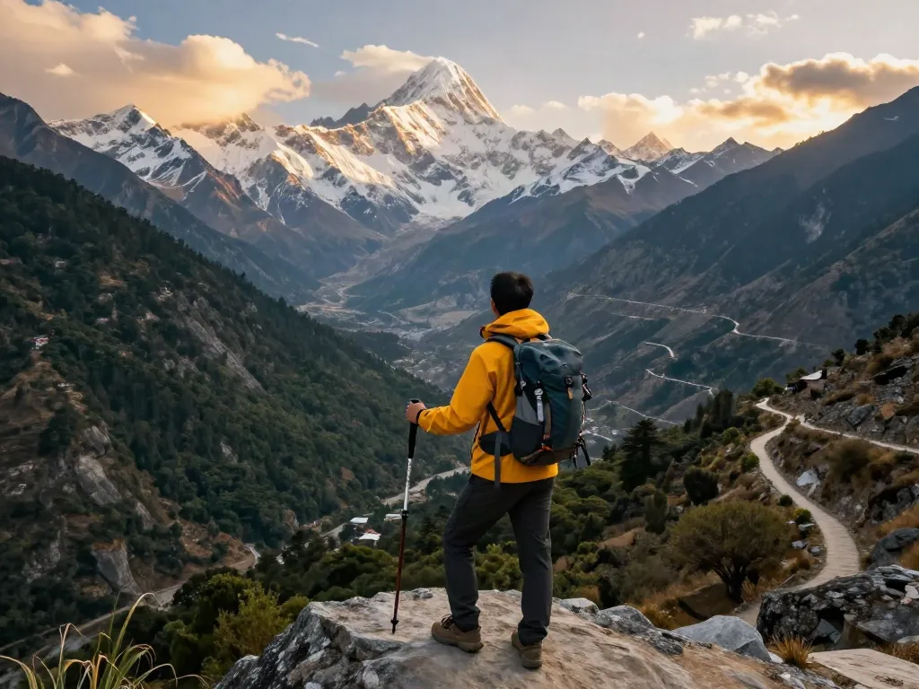 Manaslu Trek: Adventurous hiker at stunning mountain viewpoint during golden hour.