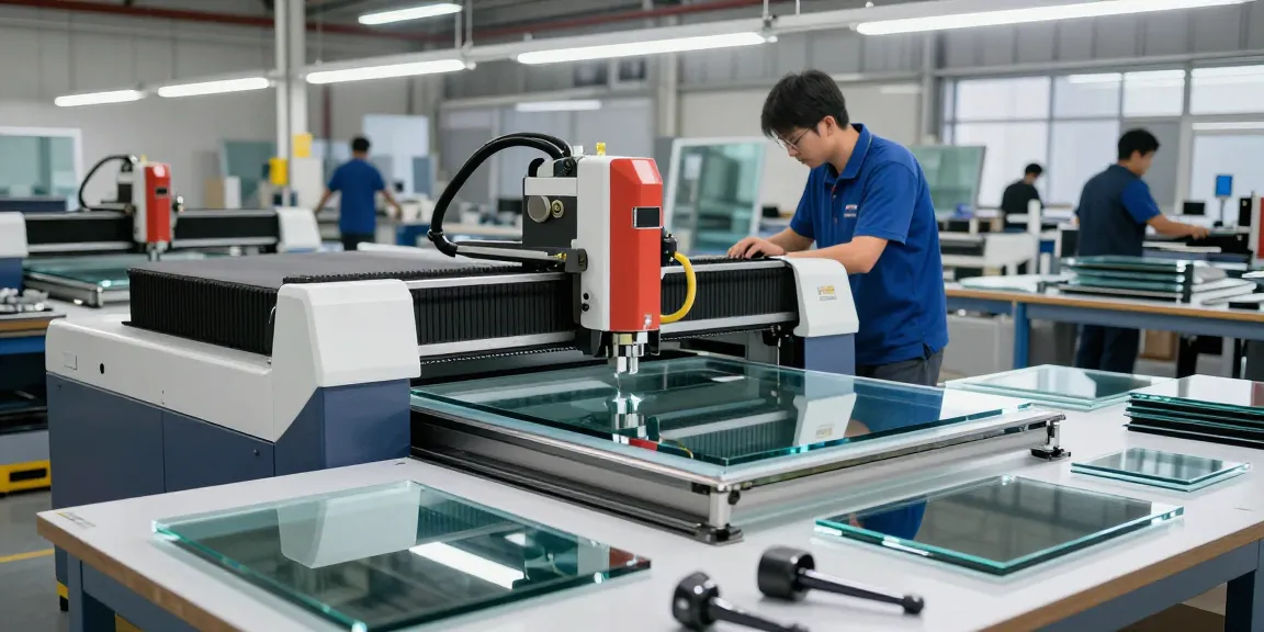 Technician using a glass cutting machine in a professional glass processing workshop.