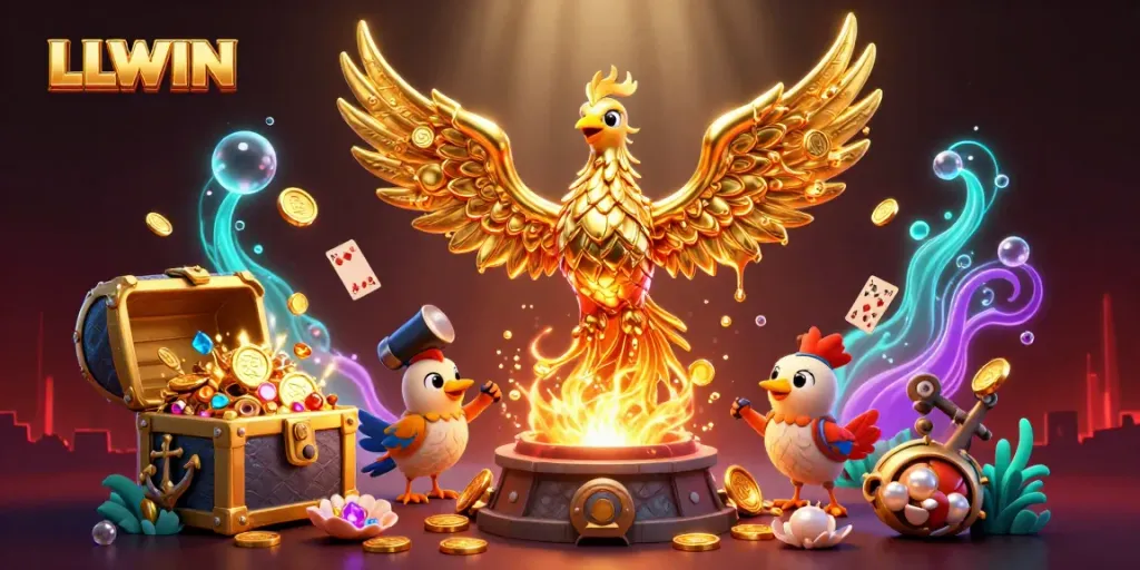 Experience thrilling wins with LLWIN's dazzling phoenix and treasures in a captivating casino scene.