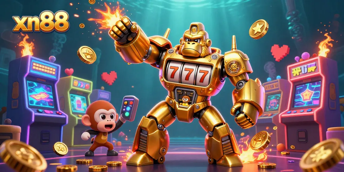 Experience thrilling gaming action at xn88 with a dynamic scene featuring a golden mech and vibrant casino elements.