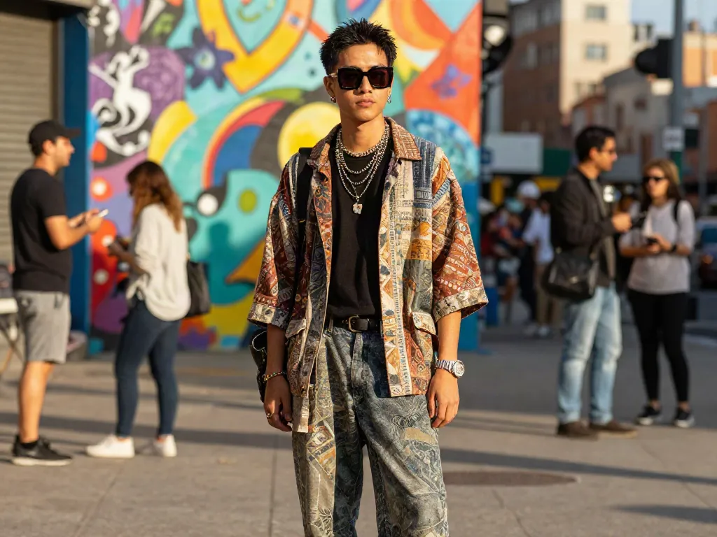 Fashionisk .com urban fashion scene highlighting stylish individual in mixed patterns and vibrant accessories.