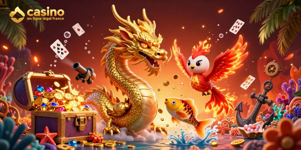 Plongez dans l'univers du casino en ligne légal France avec cette illustration dynamique intégrant un dragon doré et un phoenix, entourés d'une pluie de pièces.