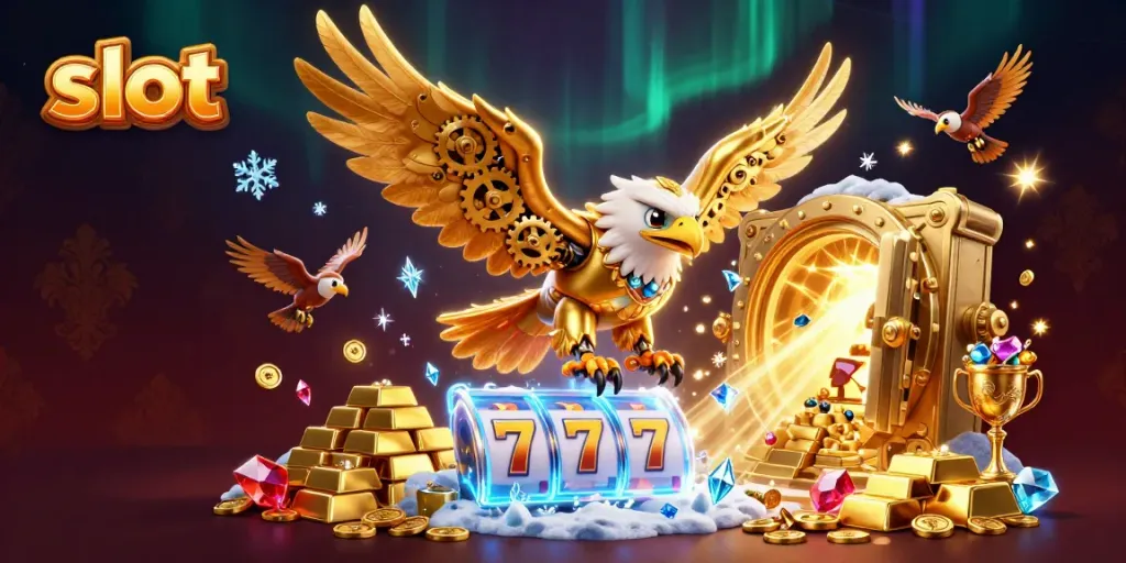 Menyaksikan slot dengan eagle emas cybernetik terbang di atas timbunan koin berkilau