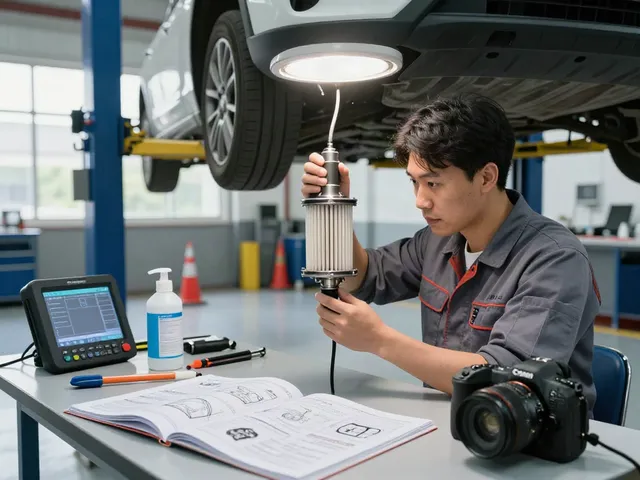 DPF Reinigung Hannover: Fachmann inspiziert Dieselpartikelfilter in Werkstatt.