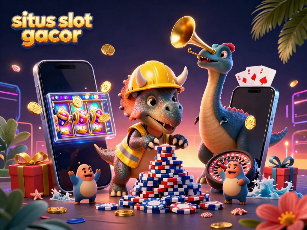 Engage with vibrant situs slot gacor scene featuring dynamic characters celebrating a winning slot game.