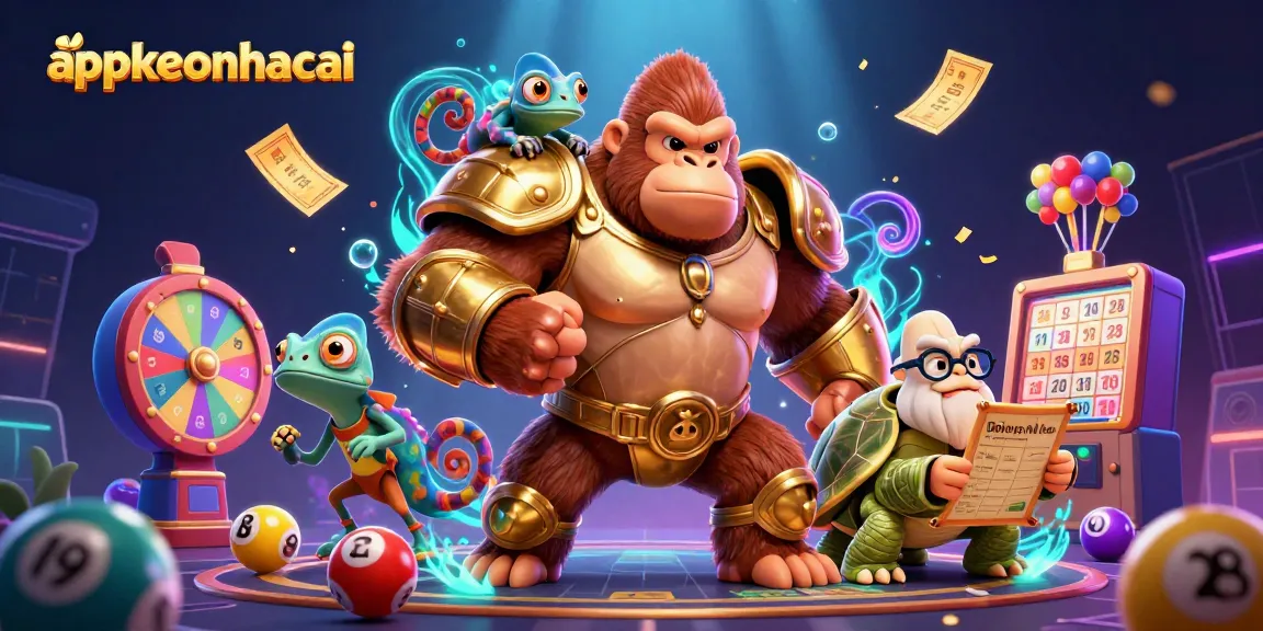 appkeonhacai showcases vibrant elements of gambling, with a powerful gorilla king, colorful lottery balls, and dynamic prize visuals.