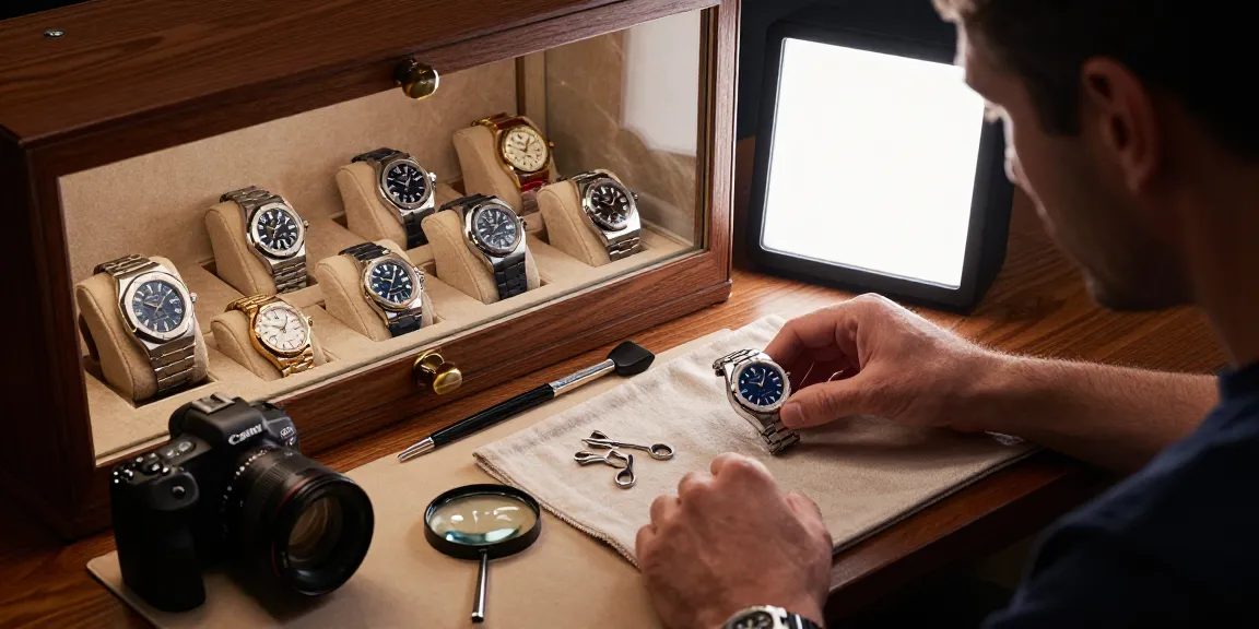Examining premium super clone watches with attention to detail and luxury.