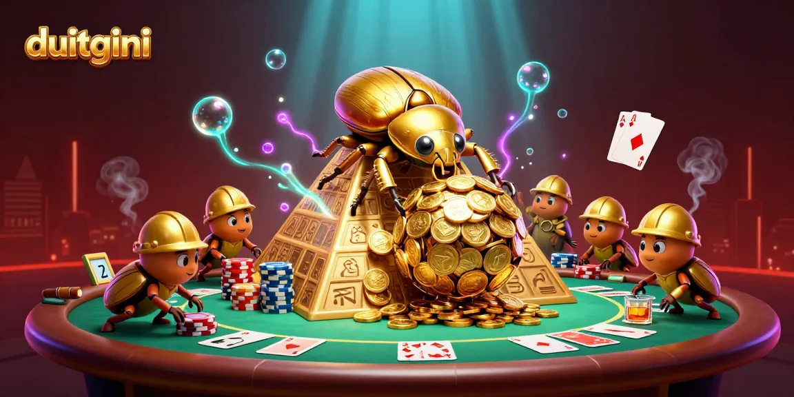 Enhance your gaming experience with DuitGini's vibrant illustration featuring golden dung beetles in a dynamic casino scene.