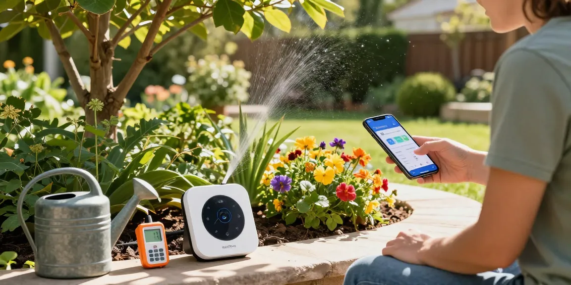 Homeowner using a rainpoint smart sprinkler controller in a vibrant garden, adjusting settings on a smartphone app.