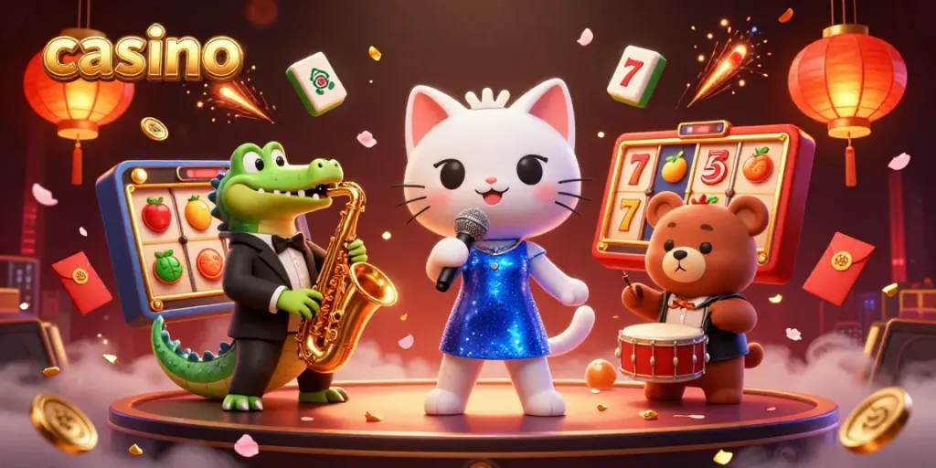 Experience the vibrant casino scene with a jazzy cat, crocodile, and bear in a rich, interactive setting.