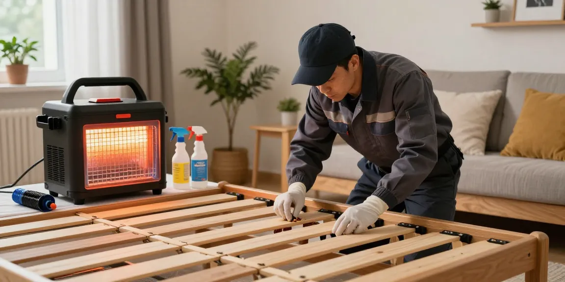 Bed bug exterminator inspecting a bed frame with treatment tools, ensuring safety and privacy.
