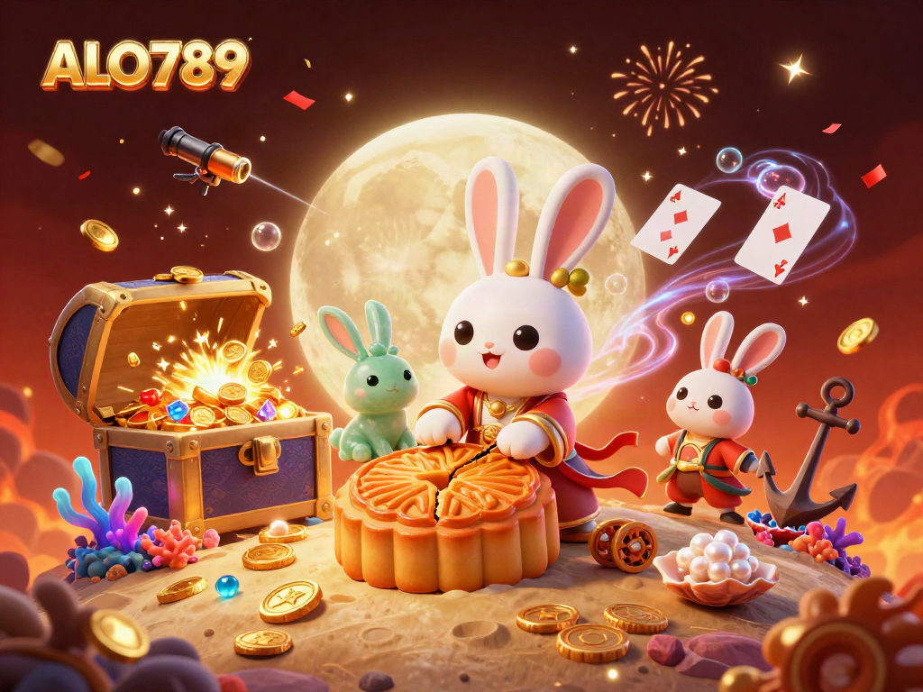 Experience the thrill of ALO789 with a vibrant moon casino scene featuring lucky symbols and rich treasures.
