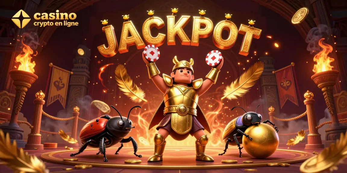Le jackpot s'illumine avec le casino crypto en ligne, mettant en scène un scarabée armé et un compagnon.