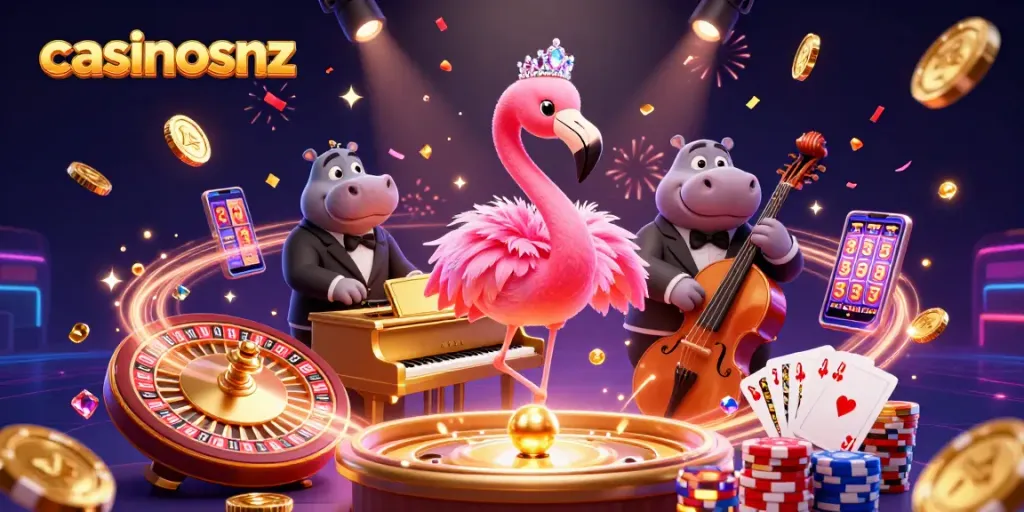Experience the excitement at casinosnz with a vibrant scene of flamingo musicians surrounded by casino elements.