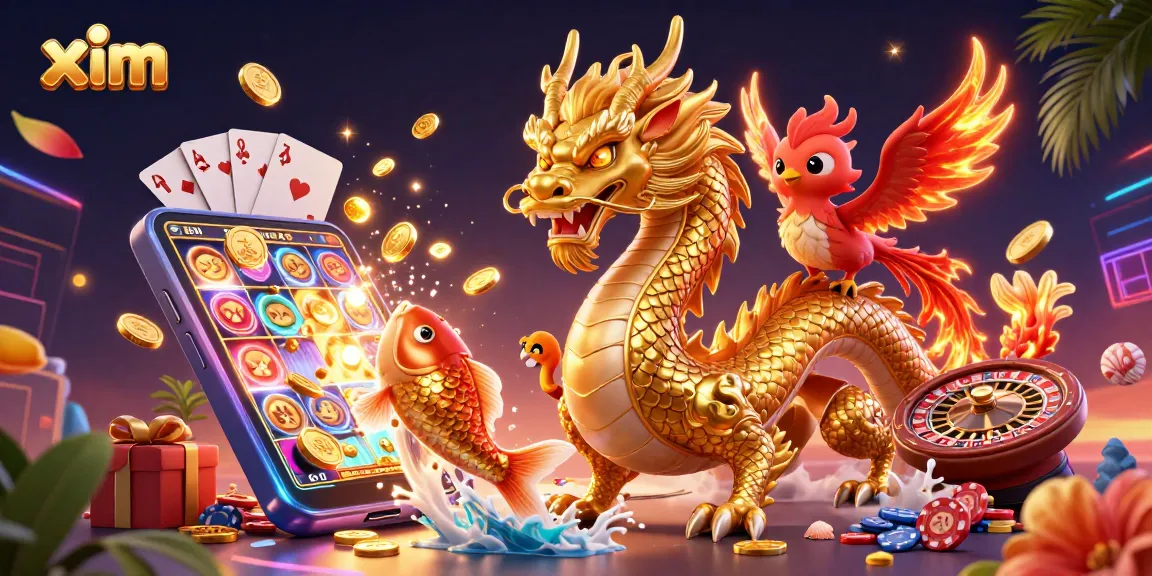 Engage with xim's vibrant casino adventure featuring a golden dragon, phoenix, and koi fish amid lively gaming elements.