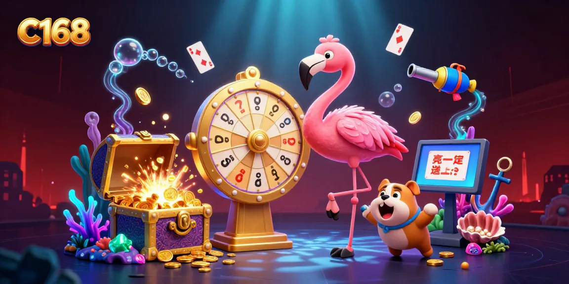 C168's exciting game show scene features a flamingo host, bulldog contestant, and vibrant casino treasures.