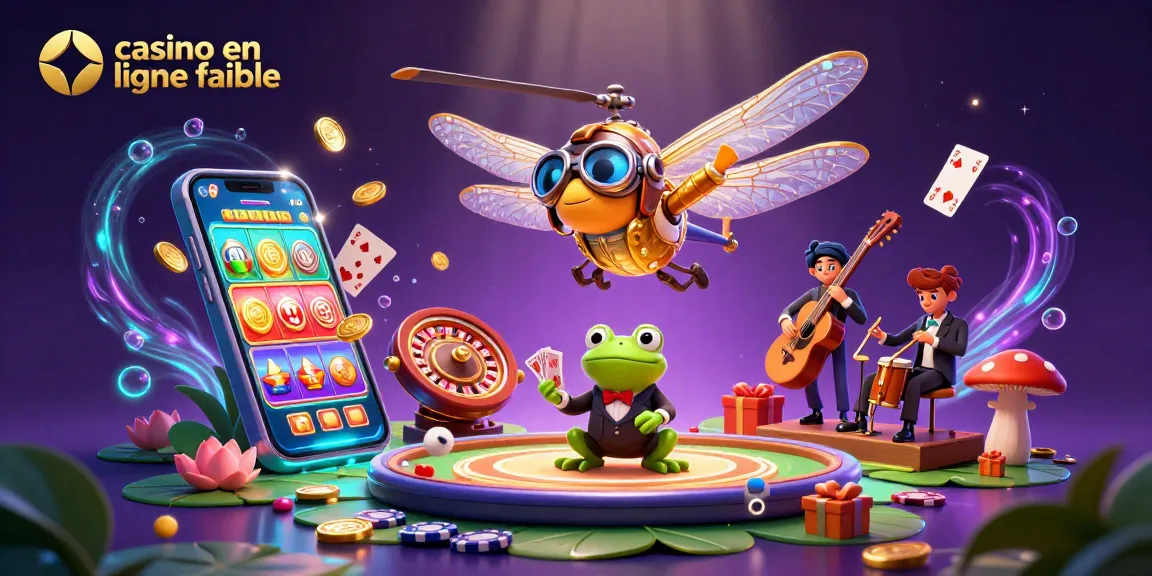 Jouer dans un casino en ligne fiable avec un pilote libellule et un croupier grenouille dans un cadre coloré.