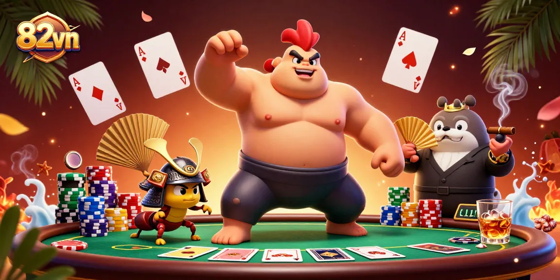 Engage in thrilling action with 82vn's vibrant casino scene showcasing lively characters at a poker table.