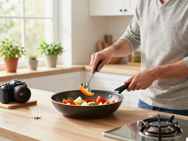 Non-Stick Cookware price in bangladesh showcased in home kitchen cooking scene with vibrant ingredients.