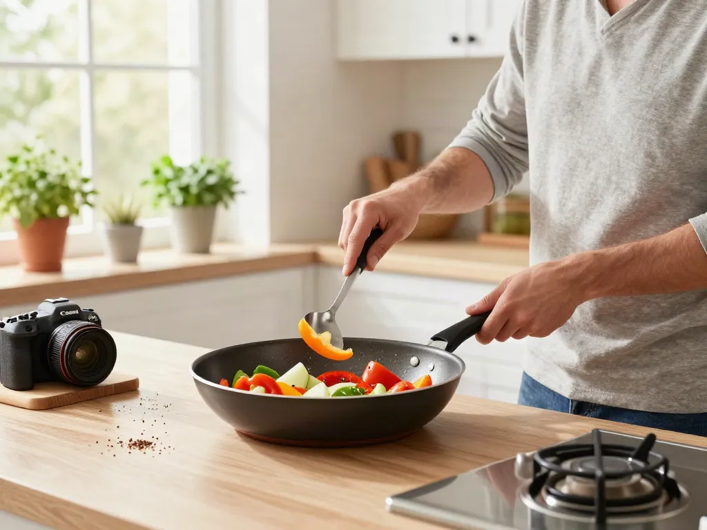 Non-Stick Cookware price in bangladesh showcased in home kitchen cooking scene with vibrant ingredients.