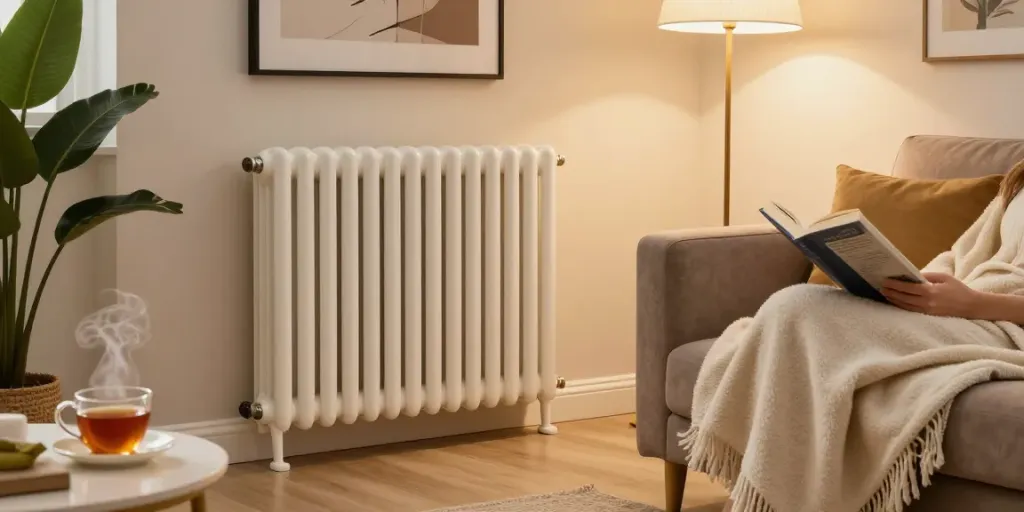 Cozy living room featuring a ceramic radiator, a person reading with warm lighting and stylish decor.