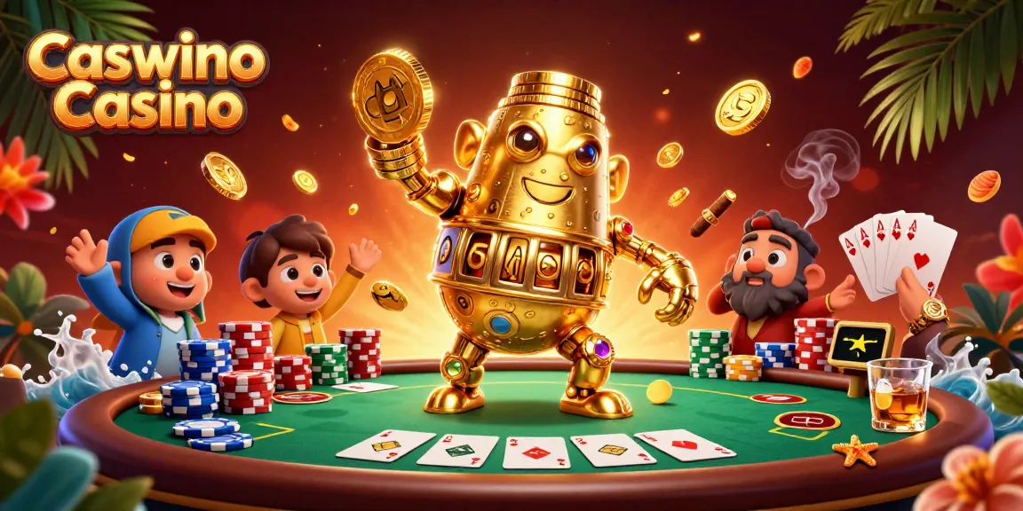 Experience thrilling gameplay at Caswino Casino with vibrant poker elements, animated characters, and golden visuals.