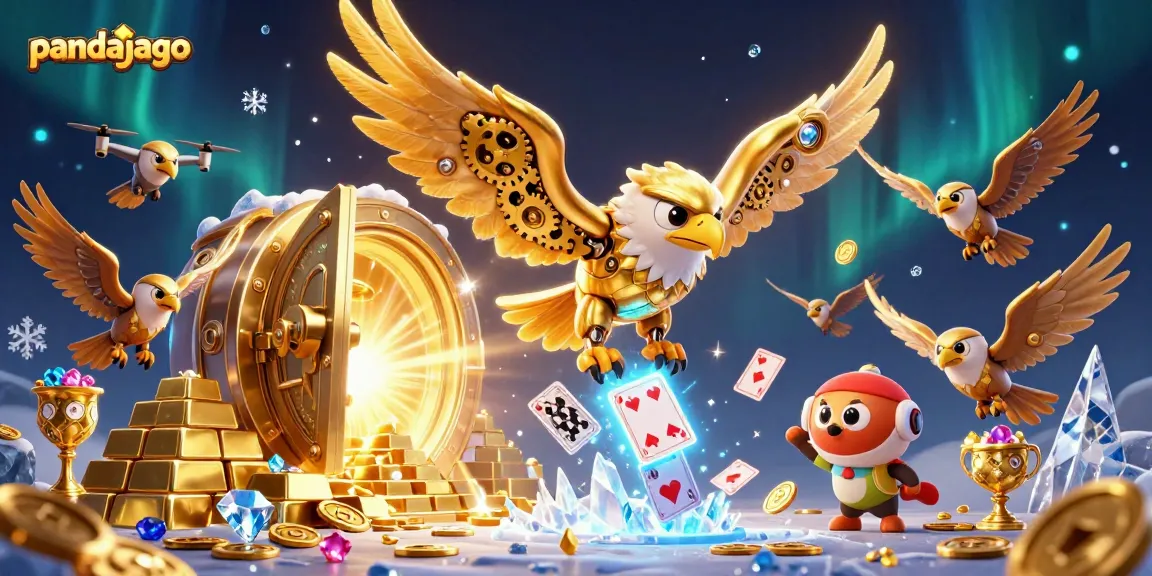 Pandajago meraih jackpot maksimal dengan peluang x10, dikelilingi harta emas dan kartu permainan.