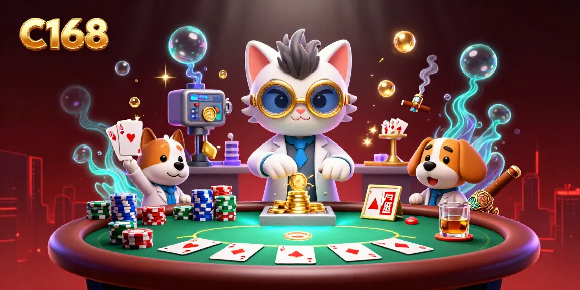 Engage in thrilling C168 poker action with dynamic 3D illustration of a mad scientist cat and a dog assistant.