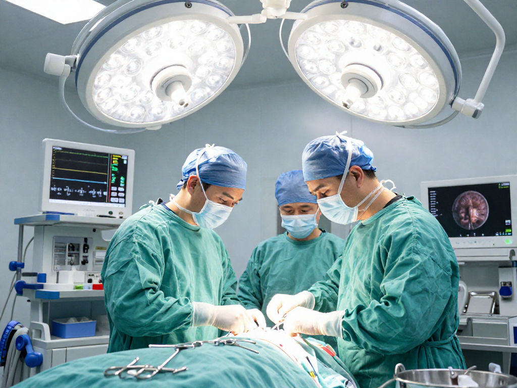 Beyin tümörü ameliyatı being performed by a skilled surgical team in a modern operating room, showcasing precision, advanced technology, and patient care.