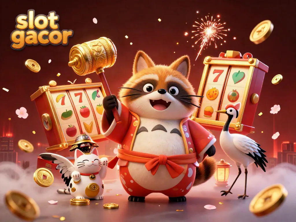 Engaging slot gacor scene featuring a cheerful tanuki and colorful maneki-neko amidst gaming symbols.