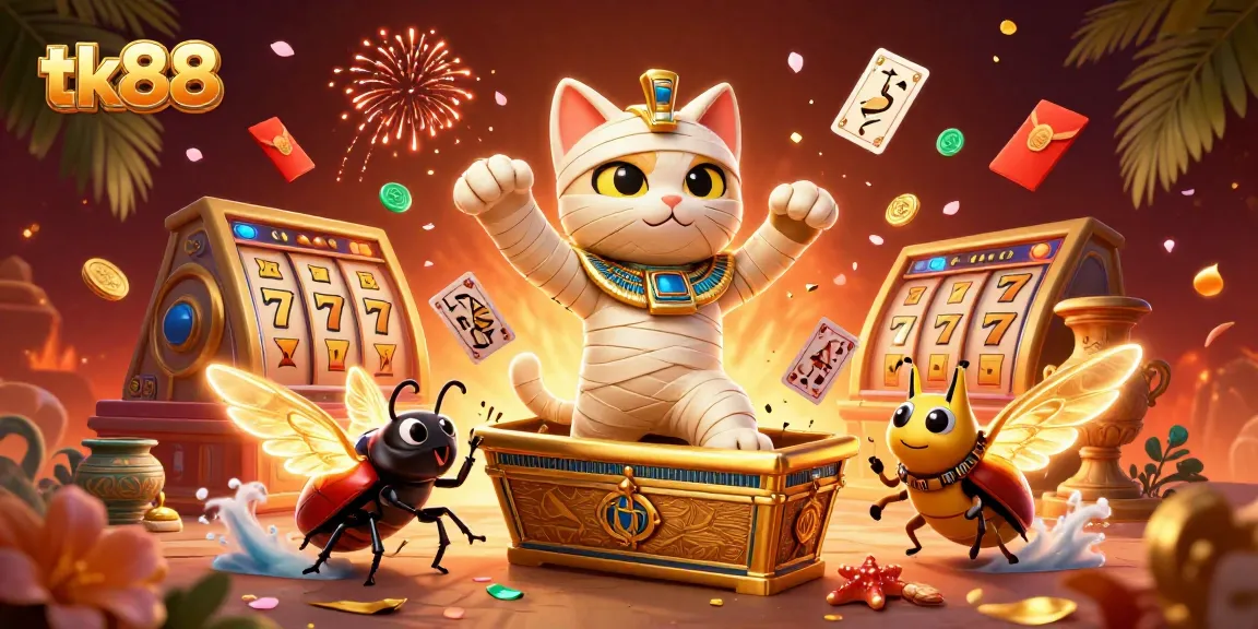 Engage in thrilling gameplay at tk88, featuring unique characters in a vibrant casino scene.