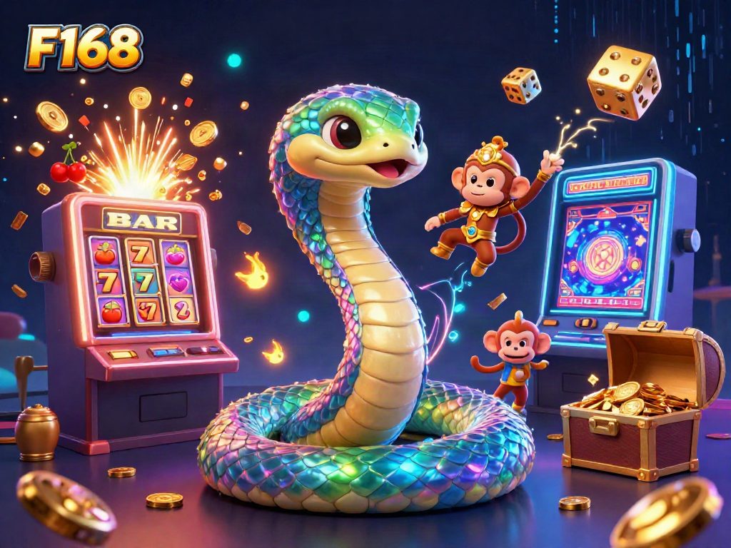 Experience thrilling F168 gameplay surrounded by a vibrant jackpot explosion and playful cartoon characters.