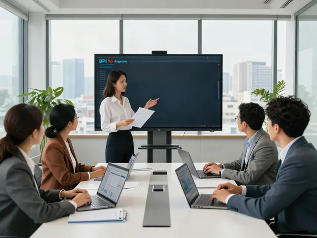 BPI Net Empresas collaboration in a modern office setting with financial insights and diverse professionals.