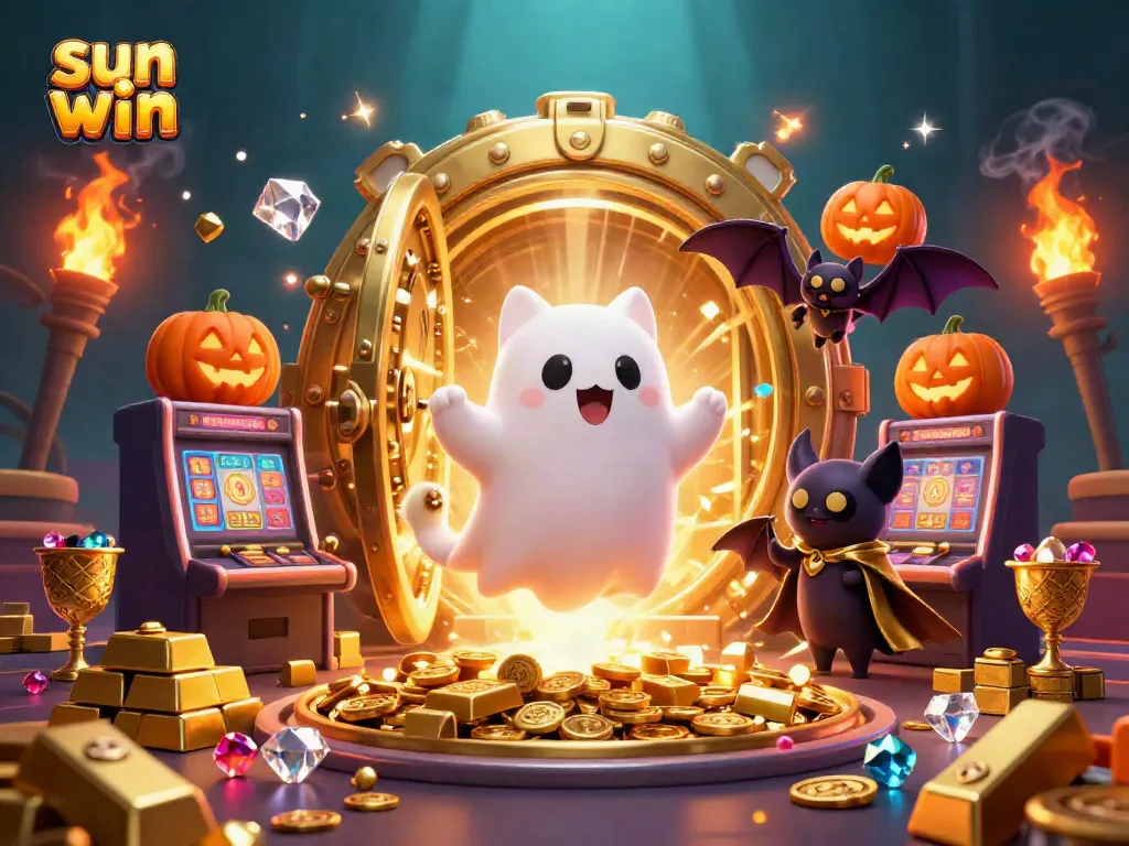 Engage in thrilling games with sun win's animated ghost cat and treasure-filled casino scene.