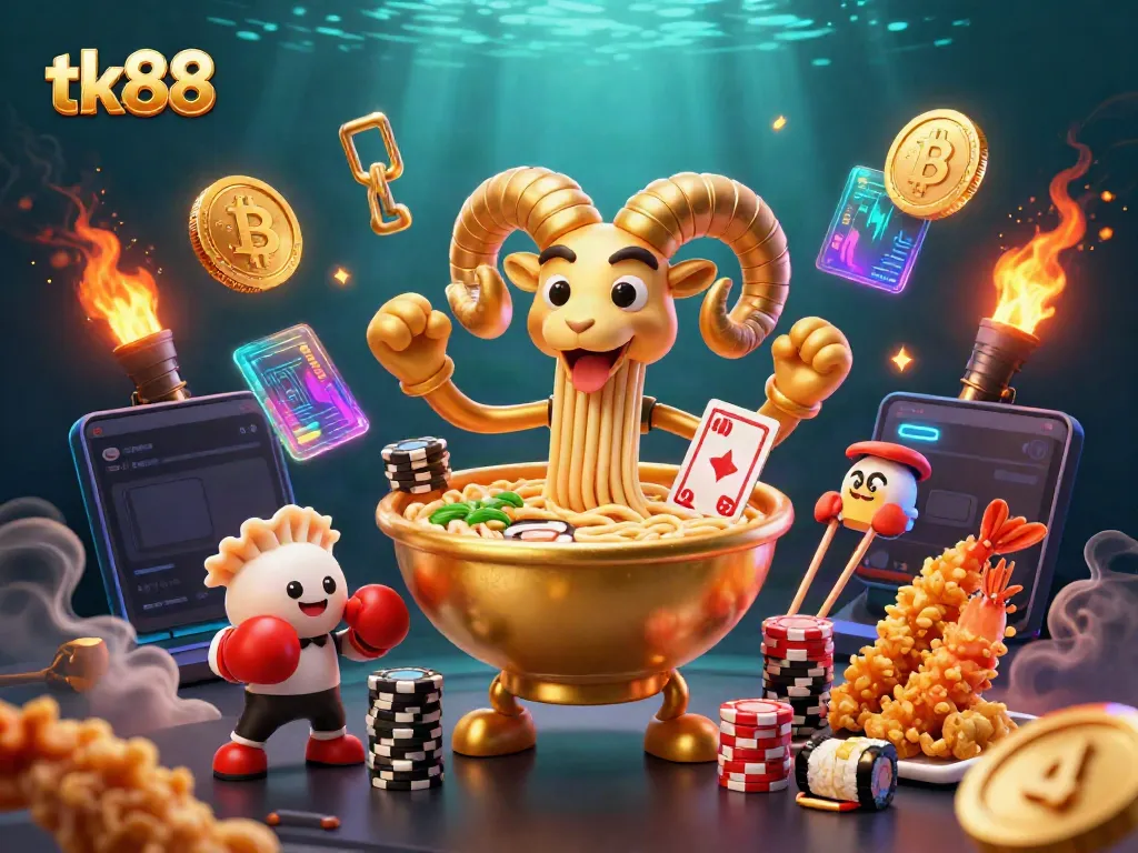 Engage with tk88 through a vibrant scene featuring a golden ramen bowl dealer managing a dynamic card game.