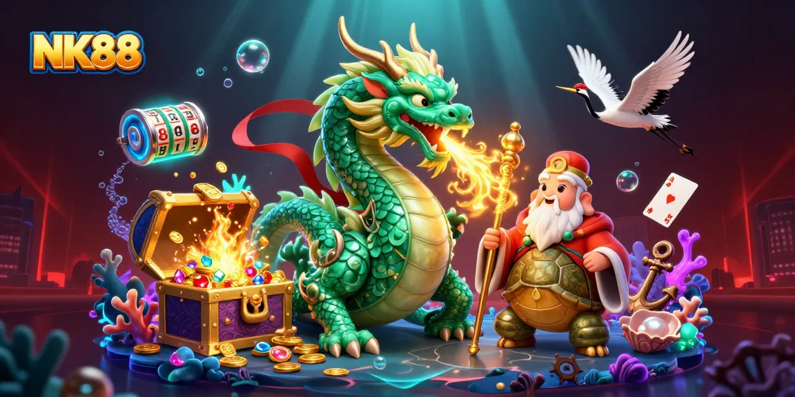 Engage in thrilling gameplay at NK88 with the jade dragon and turtle sage amidst treasure and slots.