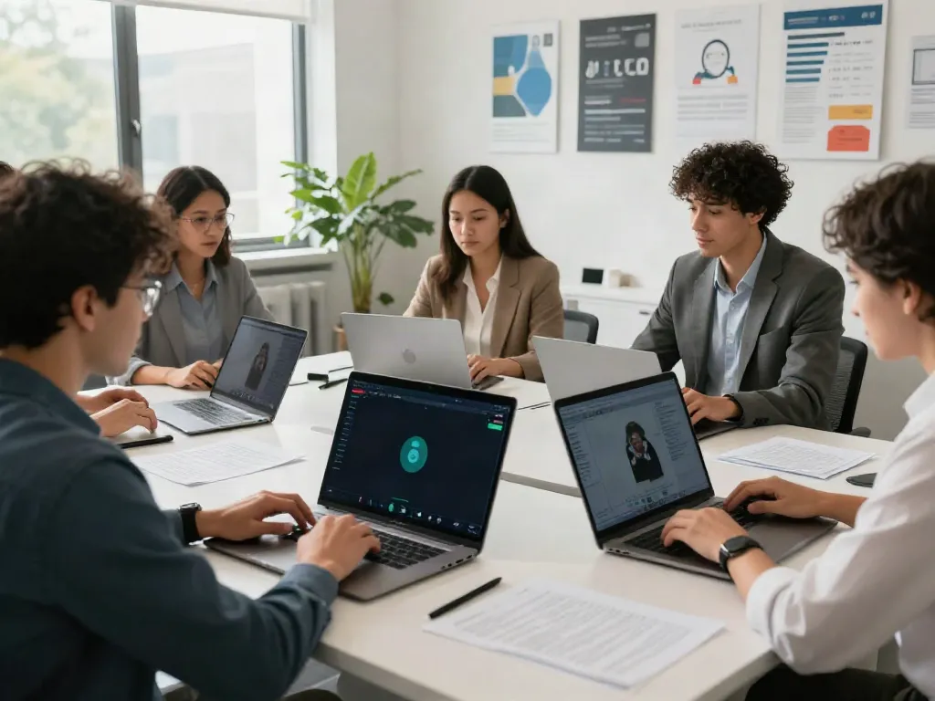 Team collaborating in a bright office on deepfake free meetings technology.