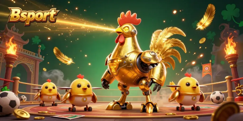 Engage with Bsport's exciting betting world featuring a golden robot, chicks, and dynamic casino elements.