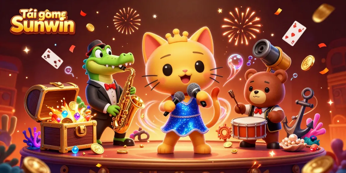 Tải game Sunwin with a dynamic scene of a jazz-singer cat, saxophone crocodile, and drum bear in a vibrant casino