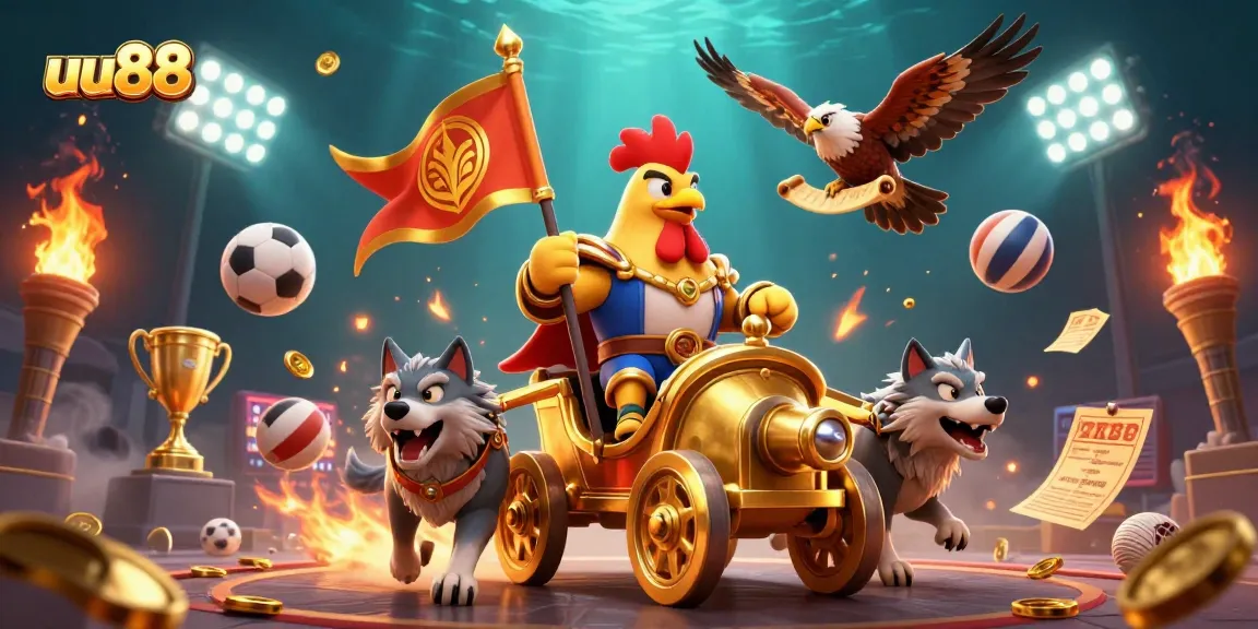 Experience thrilling gameplay at uu88 with a dynamic cartoon scene depicting a rooster warlord and sports betting elements.
