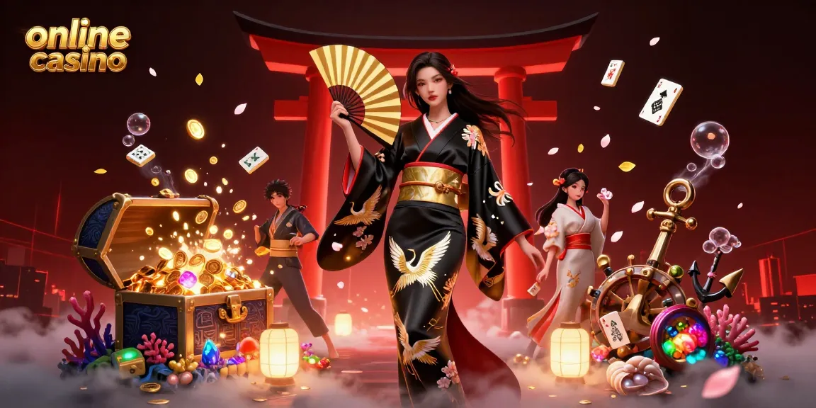 Engage in thrilling online casino action with dynamic graphics and elegant characters amidst falling golden leaves.