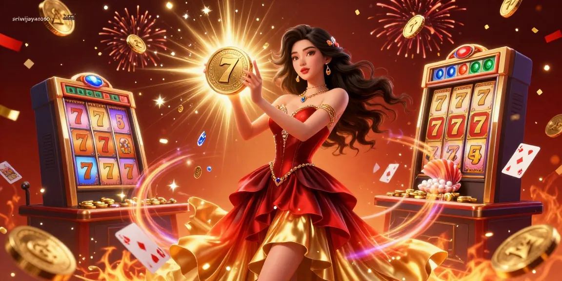 Sriwijayatoto casino scene showcasing a stunning Asian woman with a golden coin amidst vibrant slot machines, capturing excitement.