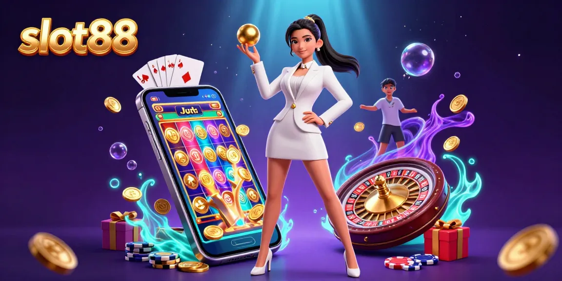 Spin the reels with slot88 in this vibrant 3D illustration showcasing excitement and luxury in gambling.